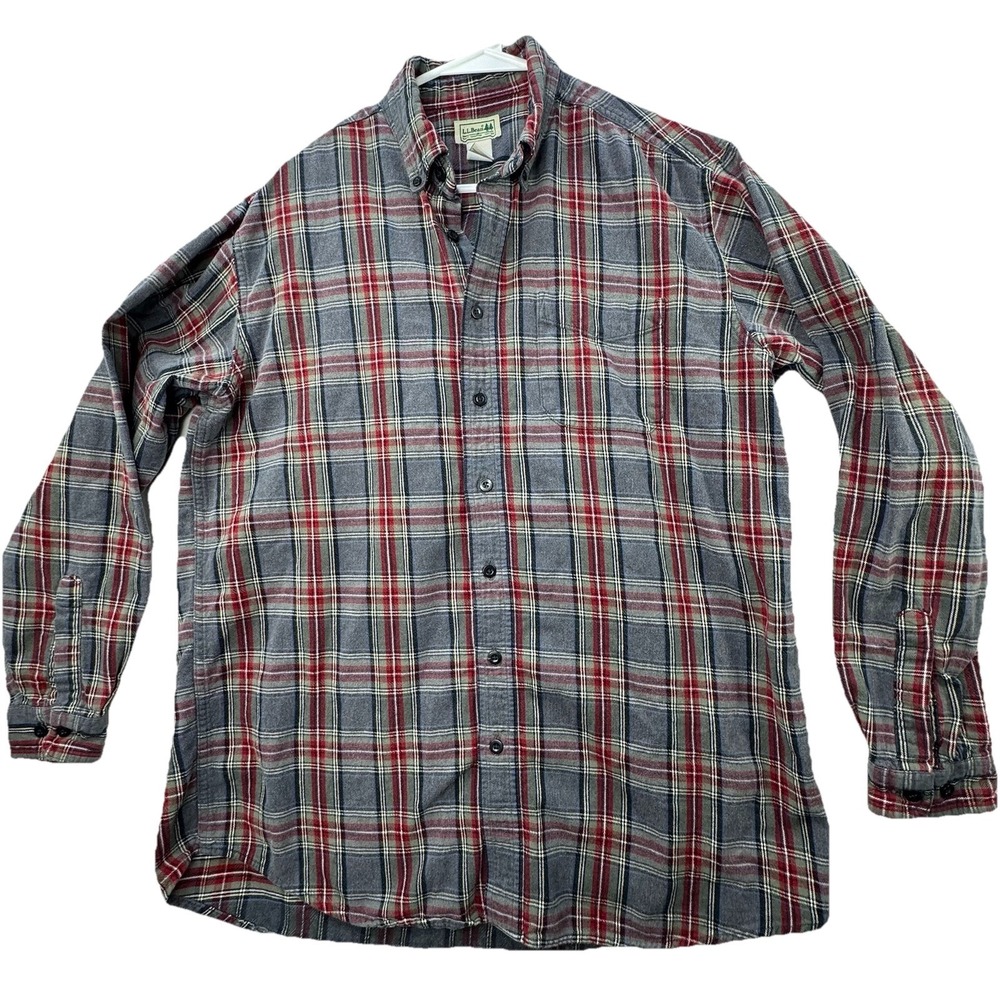 LL Bean Men Size Large Tall Button Down Shirt Red Gray Flannel Scotch Plaid LT